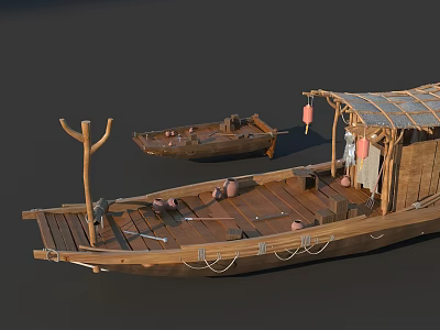 Traditional Wooden Boats With Bamboo Roof Clay Pots And Ropes On Deck 3d model