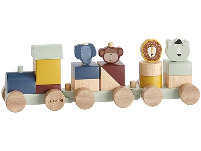 Wooden Building Blocks Train Set With Animal Characters And Colorful Blocks For Kids 3d model