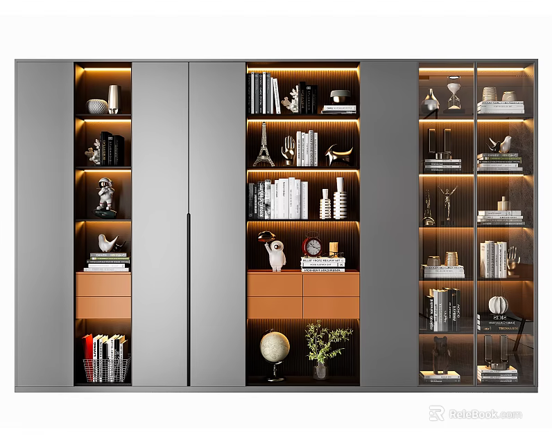 Modern Bookcase Interior Design With Multiple Shelves Books Decorative Items And Lighting 3d model