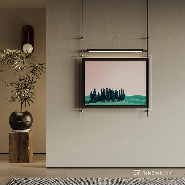 Interior Wall Decor With Cypress Tree Painting Green Meadow Potted Plant And Wooden Stump 3d model 