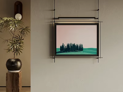 Interior Wall Decor With Cypress Tree Painting Green Meadow Potted Plant And Wooden Stump 3d model