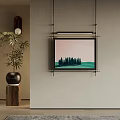 Interior Wall Decor With Cypress Tree Painting Green Meadow Potted Plant And Wooden Stump