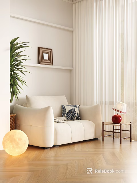 Casual Sofa Set With Beige Upholstery Leaf Patterned Cushion Small Side Table And Green Plant 3d model 
