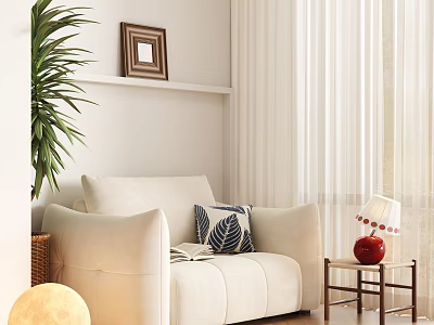 Casual Sofa Set With Beige Upholstery Leaf Patterned Cushion Small Side Table And Green Plant 3d model