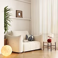 Casual Sofa Set With Beige Upholstery Leaf Patterned Cushion Small Side Table And Green Plant