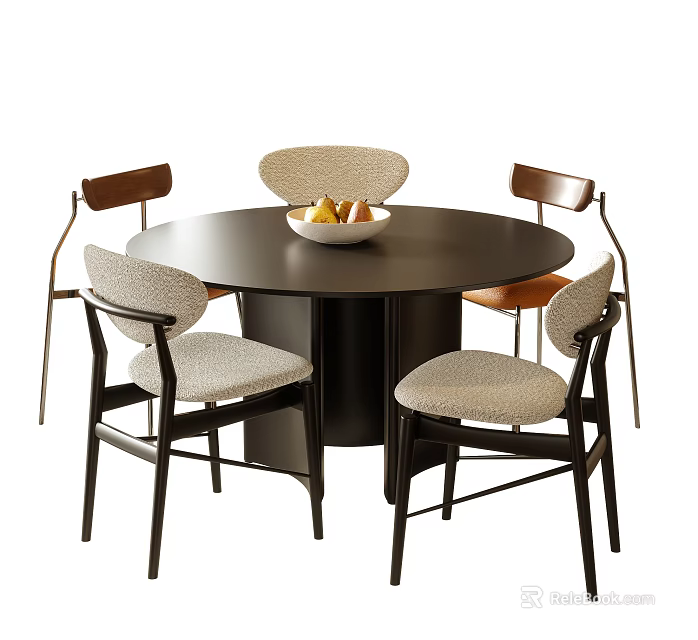 Modern Round Dining Table And Chairs Set With Upholstered Seats Dark Wood And Fruit Bowl 3d model 