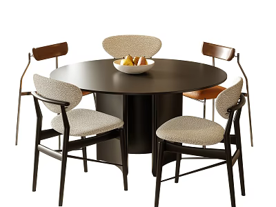 Modern Round Dining Table And Chairs Set With Upholstered Seats Dark Wood And Fruit Bowl 3d model