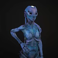 Blue Alien Fantasy Creature Character With Bioluminescent Glowing Head And Smooth Organic Skin