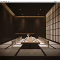 Traditional Private Dining Room With Wooden Walls Long Dining Table Lattice Screens And Warm Lighting