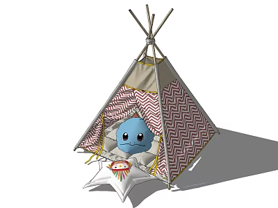 Kids Teepee Tent With Zigzag Pattern Fabric And Blue Stuffed Toy On White Cushion 3d model