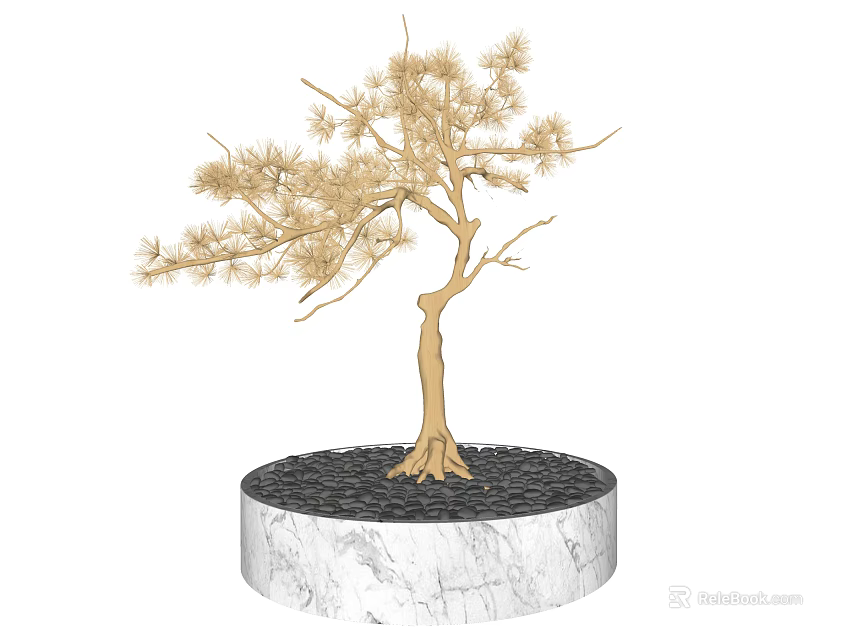Ornamental Decorative Set Featuring Golden Pine Tree On Marble Base With Black Pebbles 3d model 