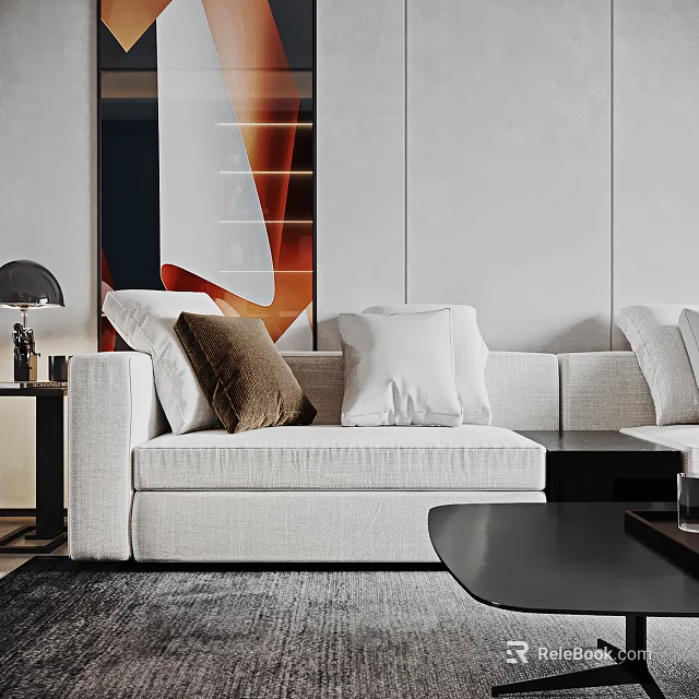 Modern Living Room Interior With Light Gray Sofa Pillows Decorative Artwork And Coffee Table 3d model 