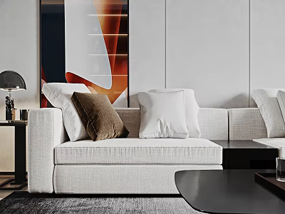 Modern Living Room Interior With Light Gray Sofa Pillows Decorative Artwork And Coffee Table 3d model