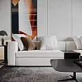 Modern Living Room Interior With Light Gray Sofa Pillows Decorative Artwork And Coffee Table