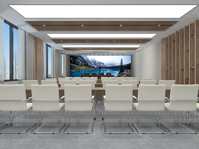 Modern Conference Room Interior Design With White Chairs Large Screen Wooden Ceiling And Natural Light 3d model