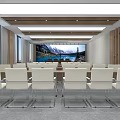 Modern Conference Room Interior Design With White Chairs Large Screen Wooden Ceiling And Natural Light