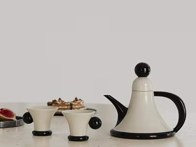 Cream Colored Teapot with Black Accents and Two Teacups on Table with Fruits and Pastries 3d model