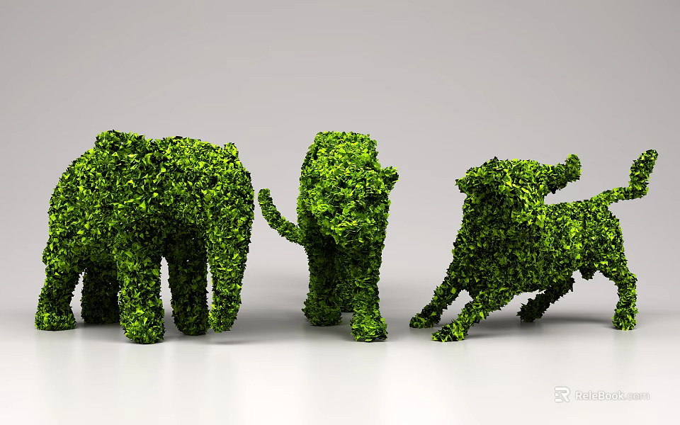 Trimmed Green Bush Sculptures Depicting Elephant Lion And Bull Animal Shapes 3d model 