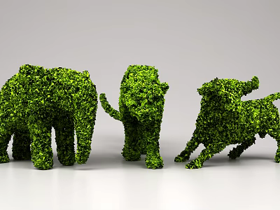 Trimmed Green Bush Sculptures Depicting Elephant Lion And Bull Animal Shapes 3d model