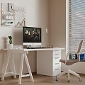 Modern White Office Desk With Computer Lamp Small Potted Plant Ergonomic Chair Window Blinds