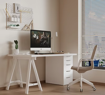 Modern White Office Desk With Computer Lamp Small Potted Plant Ergonomic Chair Window Blinds 3d model