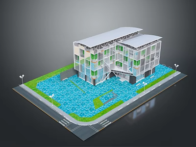 Modern Building 3D Model Architectural Design With Glass Facade Water Feature Greenery And Street Lamps 3d model