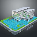 Modern Building 3D Model Architectural Design With Glass Facade Water Feature Greenery And Street Lamps