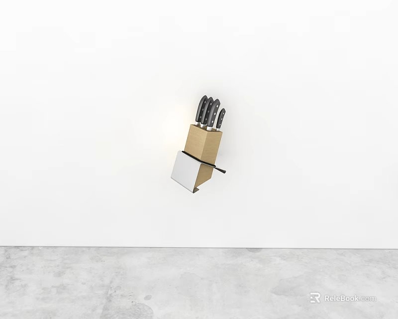 Wall Mounted Brown And White Kitchen Knife Block With Knives Hanging On White Kitchen Wall 3d model 