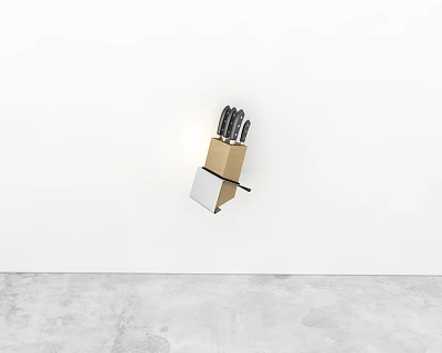 Wall Mounted Brown And White Kitchen Knife Block With Knives Hanging On White Kitchen Wall 3d model