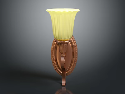 Elegant Wall Mounted Sconce With Yellow Ribbed Glass Shade And Copper Carved Base 3d model