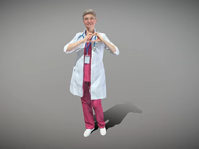 Female Doctor In White Lab Coat And Pink Scrubs Making Heart Gesture 3d model