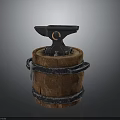 Black Iron Anvil Placed On Wooden Barrel With Metal Hoops For Blacksmith Work