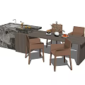 Modern Dining Table Set With Beige Chairs Marble Countertop And Decorative Items
