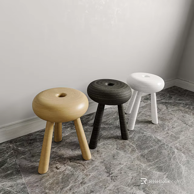 Three Minimalist Wooden Stools In Different Colors For Modern Interior 3d model 