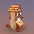 Cartoon Style Building Scene With Wooden Door Decorations And Items