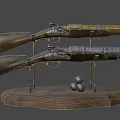 Vintage Old Fashioned Rifles Displayed On Wooden Stand With Lead Balls