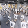 Exhibition Hall Interior Featuring Easels Artworks Hexagonal Pendant Lights And Yellow Shelving Units