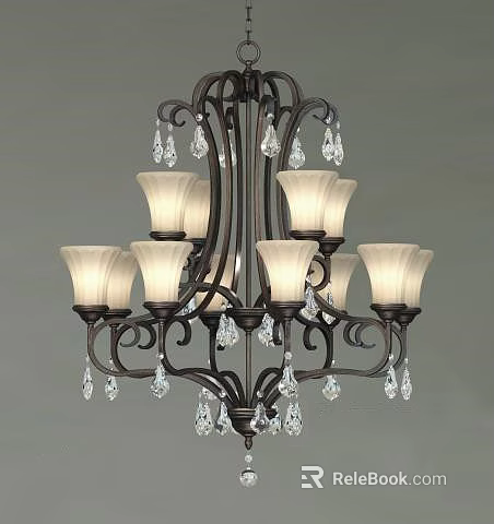 Elegant Classic Chandelier Design With Ornate Metal Frame Glass Shades And Crystal Pendants 3d model 