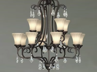 Elegant Classic Chandelier Design With Ornate Metal Frame Glass Shades And Crystal Pendants 3d model