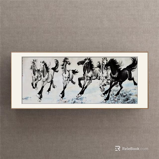Dynamic Chinese Animal Painting with Running Horses in Traditional Ink Style on Grassland 3d model 