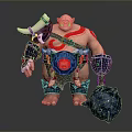 Muscular Man With Red Tattoos In Blue Armor Holding Horned Helmet