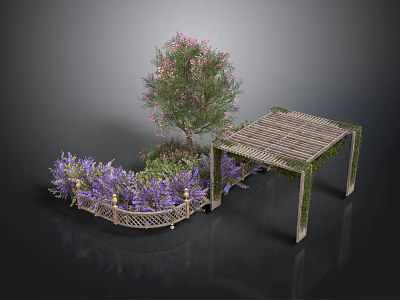Garden Scene With Pink Flower Tree Purple Flowers Wooden Pergola And Woven Fence 3d model