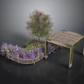 Garden Scene With Pink Flower Tree Purple Flowers Wooden Pergola And Woven Fence