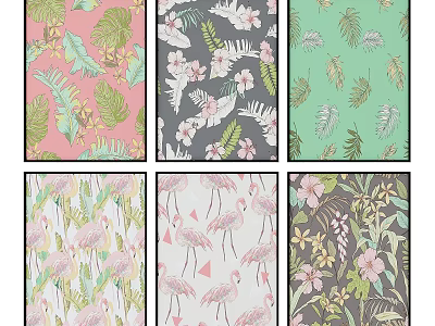 Tech Exhibition Hall Displaying Vibrant Tropical Plant And Flamingo Fabric Patterns 3d model