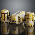 Three Yellow Industrial Devices Featuring Central 183 Box And Cylindrical Metal Frames 3d model