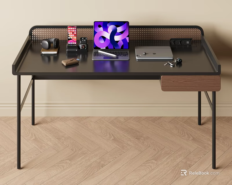 Modern Home Office Desk With Metal Frame Wooden Drawer Laptop Tablet And Headphones 3d model 