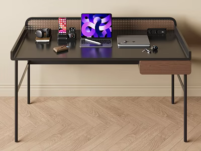 Modern Home Office Desk With Metal Frame Wooden Drawer Laptop Tablet And Headphones 3d model
