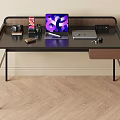 Modern Home Office Desk With Metal Frame Wooden Drawer Laptop Tablet And Headphones