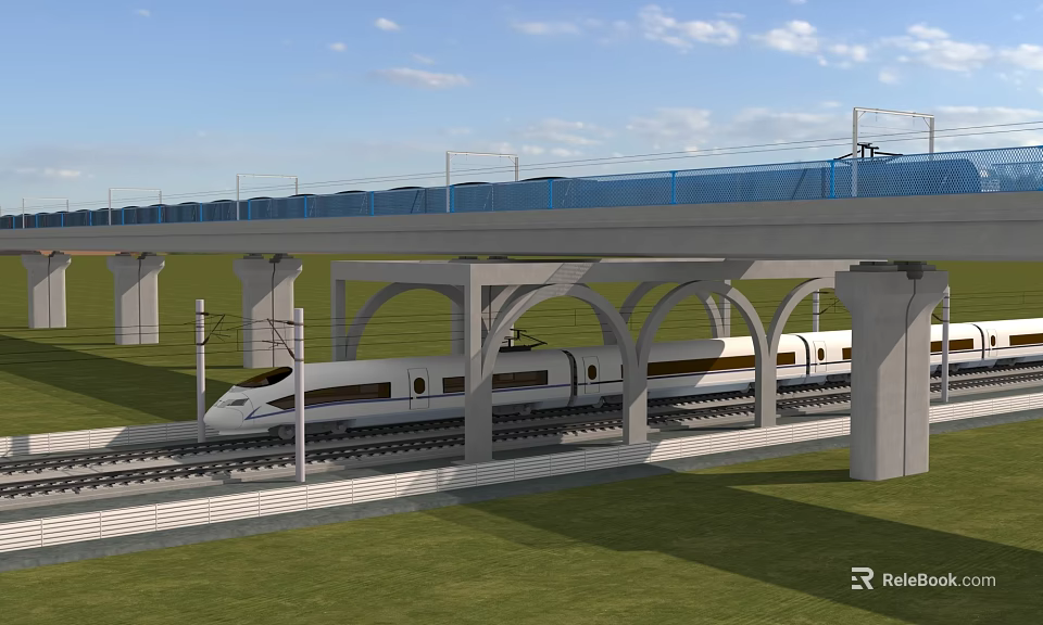 Concrete Bridge with Arched Supports and High Speed Train Under Blue Sky and Green Grass 3d model 