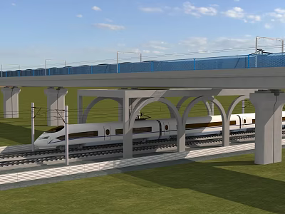 Concrete Bridge with Arched Supports and High Speed Train Under Blue Sky and Green Grass 3d model